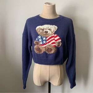 Women’s Teddy Bear American Flag Graphic Sweater Cozy Vintage Navy Blue